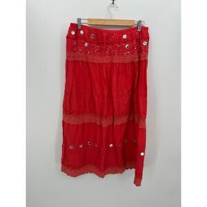 Mirasol Womens Maxi Skirt Size L Red Tiered Lace Boho Gypsy Fairy Festival Artsy